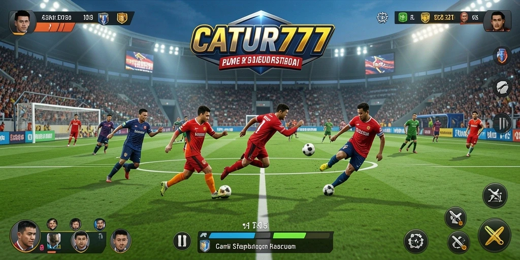 Screenshot gameplay CATUR777 menunjukkan aksi sepak bola yang seru.