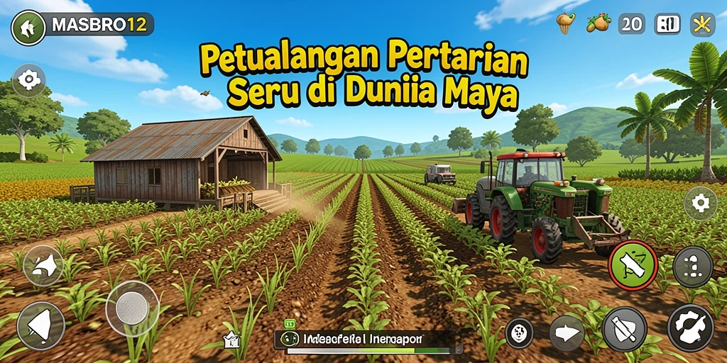 Tangkapan layar utama menunjukkan gameplay pertanian yang menyenangkan dan interaktif.