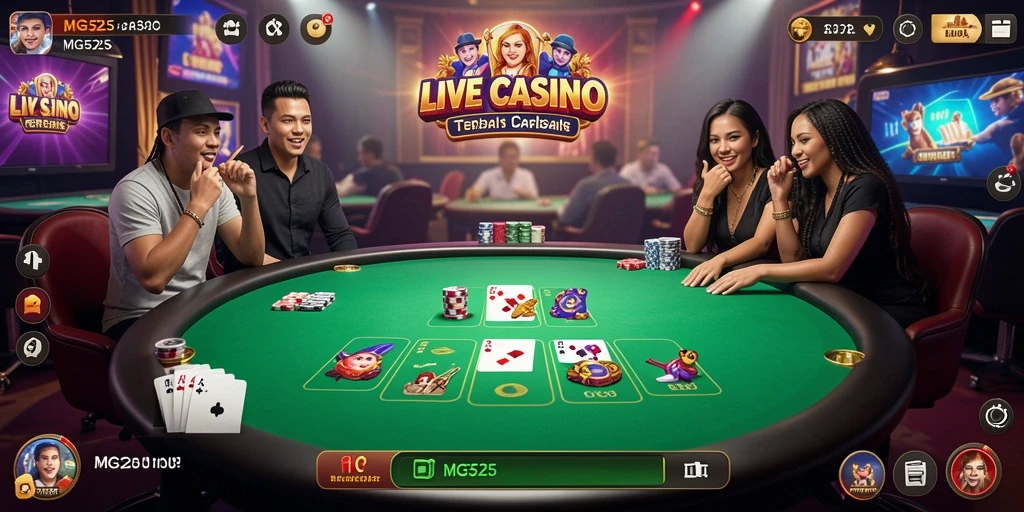 Tampilan permainan Live Casino di MG525 dengan dealer langsung dan pemain lainnya.